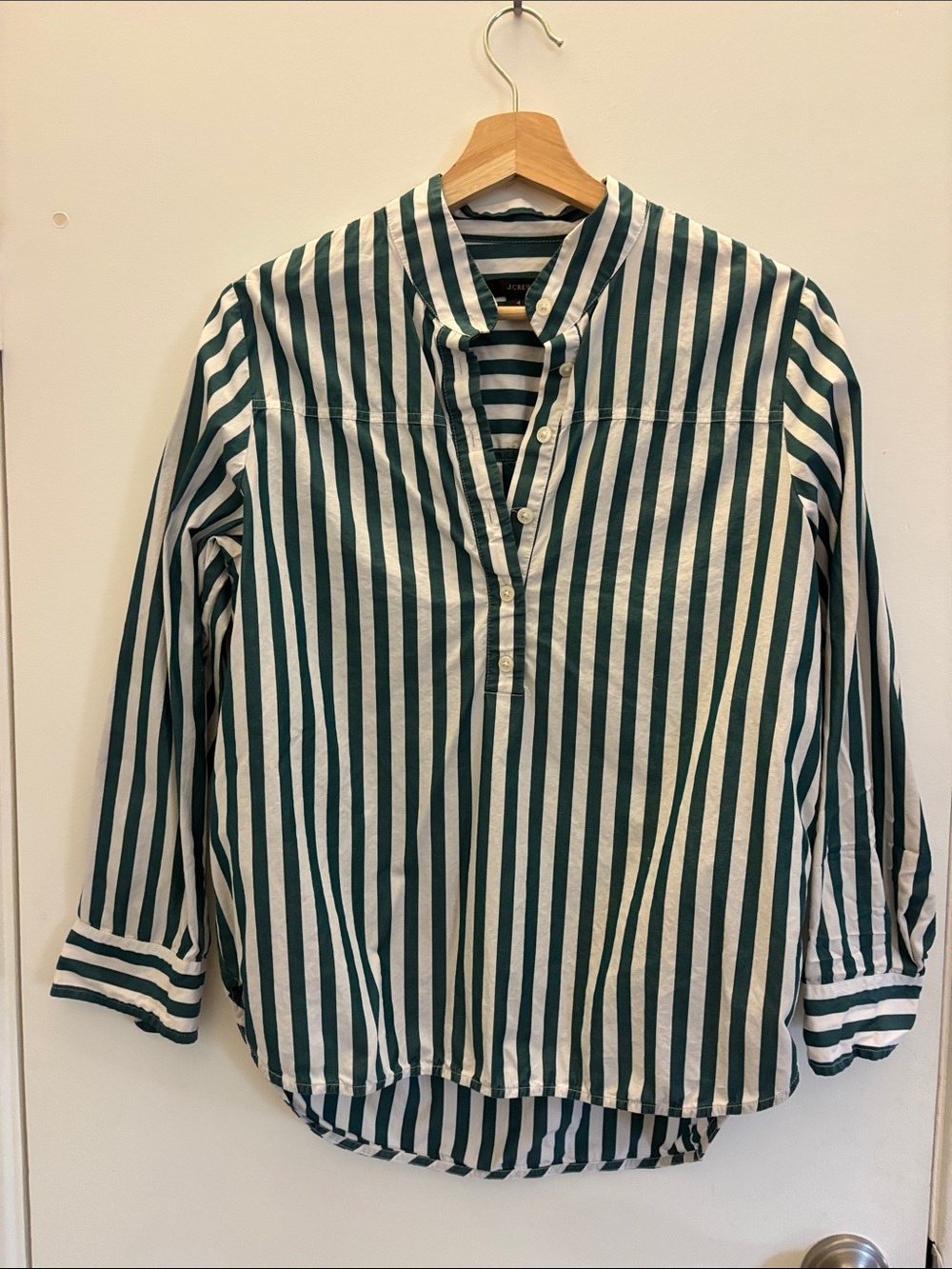 J. Crew Green and White Vertical Stripe Band-Collar Shirt
